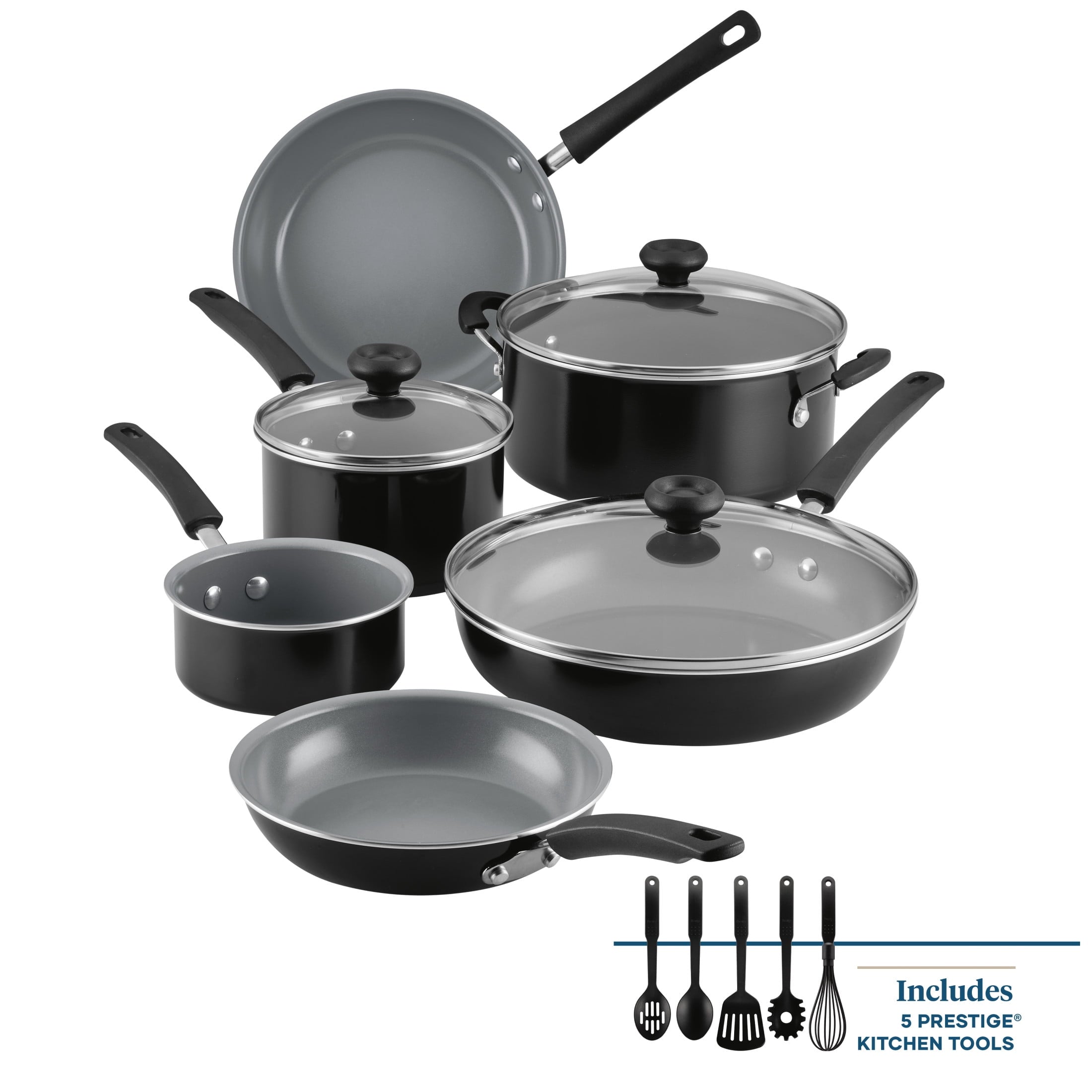 Farberware Easy Clean Pro 14 Pcs Ceramic Nonstick Cookware Set with Cooking Tools - Dishwasher Safe, Black