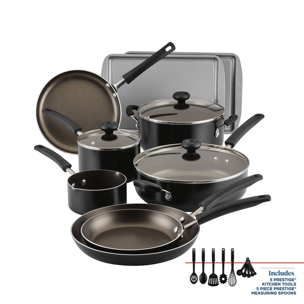 Farberware Easy Clean 22 Pcs Nonstick Cookware Set Includes Griddle Pan and Cooking Tools - Dishwasher Safe, Black