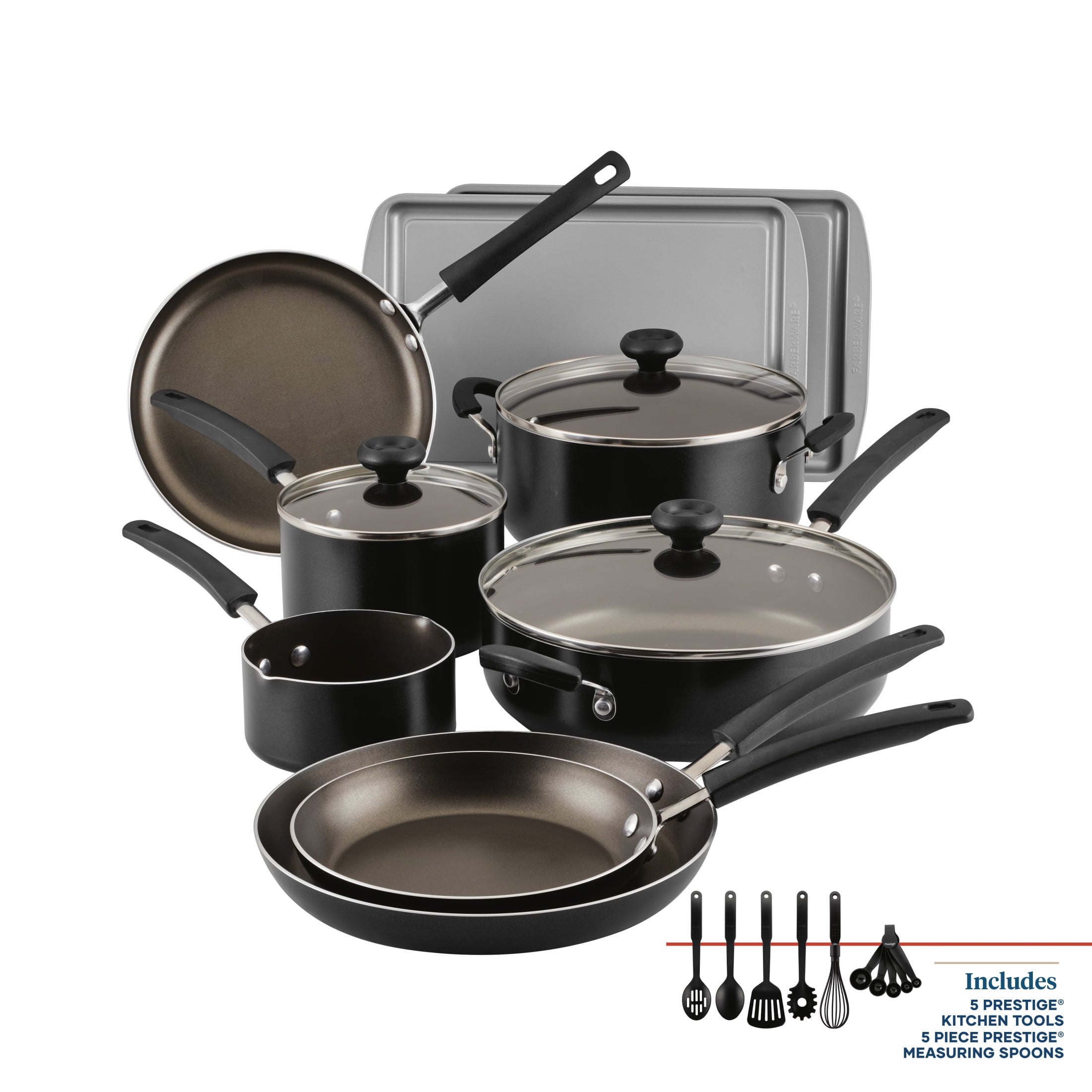 Farberware Easy Clean 22 Pcs Nonstick Cookware Set Includes Griddle Pan and Cooking Tools - Dishwasher Safe, Black