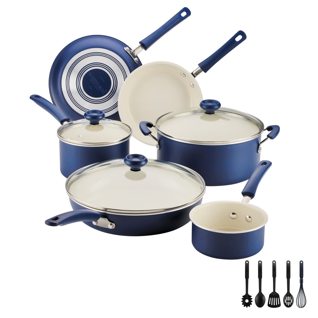Farberware Easy Clean 14 Pcs Ceramic Nonstick Cookware Set with Cooking Tools - Dishwasher Safe, Blue