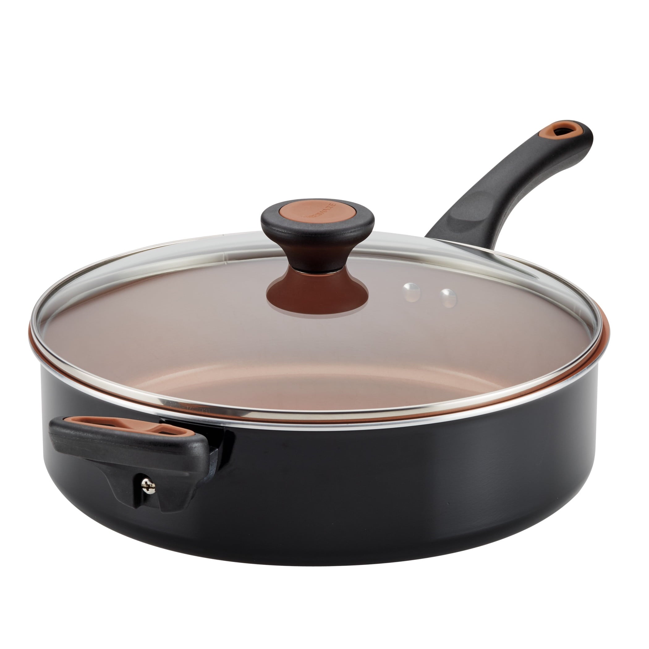 Farberware Glide Copper 4 Quart Ceramic Nonstick Sauté Pan with Tempered Glass Lid and Helper Handle - Dishwasher Safe, Black