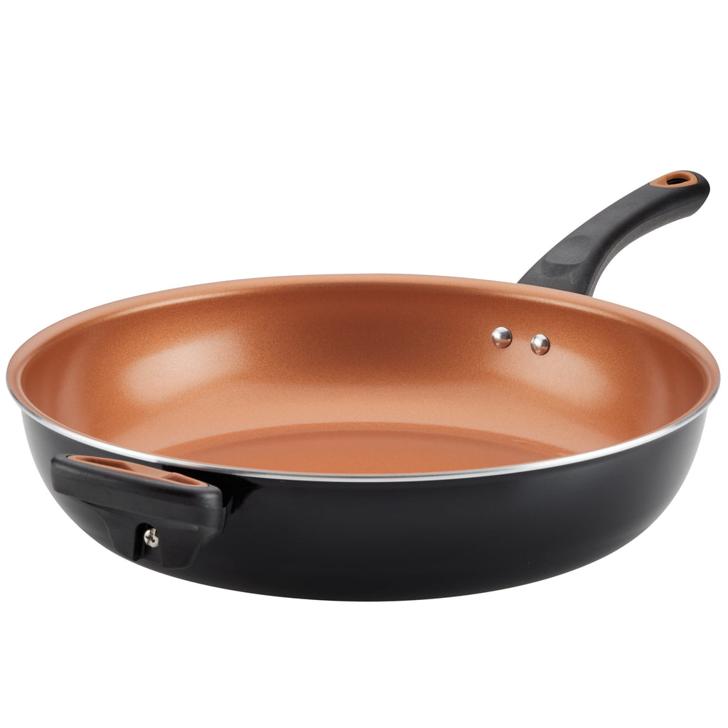 Farberware Glide Copper 12.5 Inch Ceramic Nonstick Deep Frying Pan with Helper Handle - Dishwasher Safe, Black