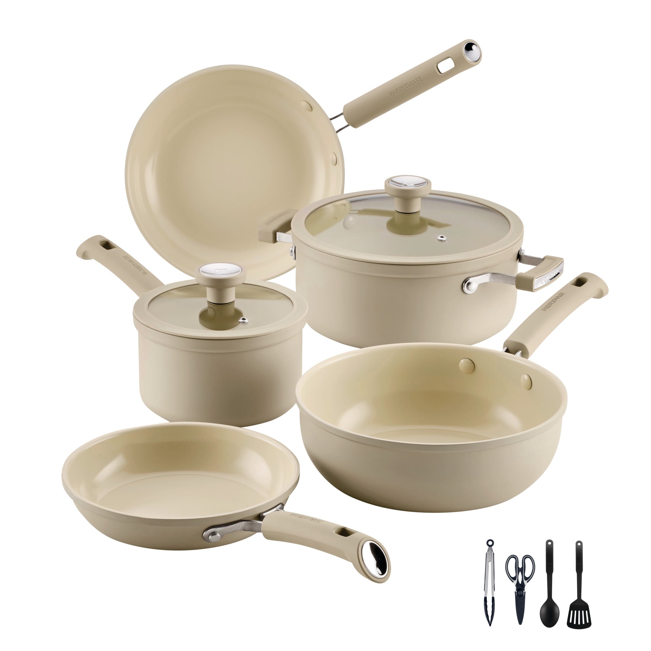 Farberware TrueCook 12pc Ceramic Cookware Set - Dishwasher and Oven Safe, Taupe