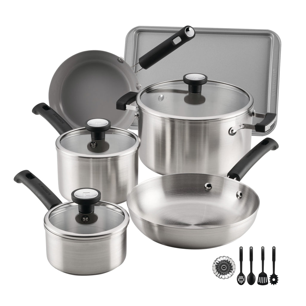 Farberware TrueCook Stainless Steel 14 Pcs Cookware Set - Dishwasher Safe, Metal Utensil and Induction Safe, Stainless Steel
