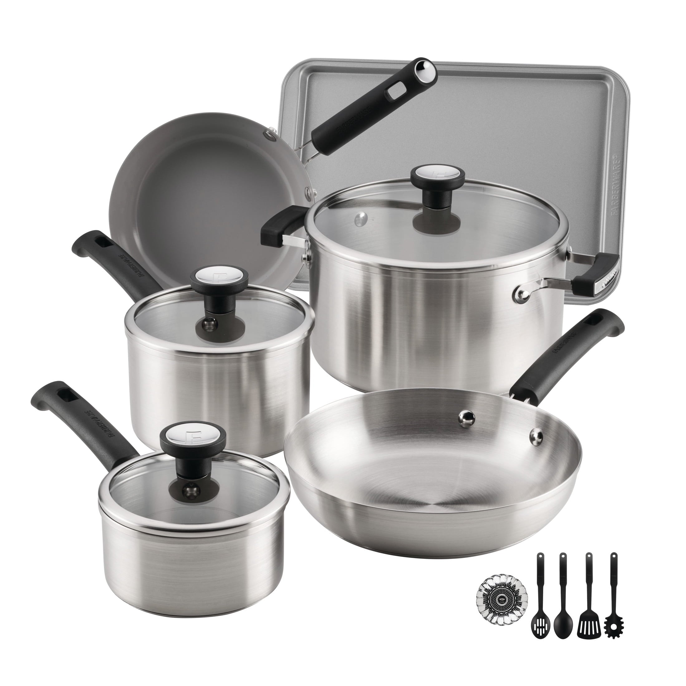 Farberware TrueCook Stainless Steel 14 Pcs Cookware Set - Dishwasher Safe, Metal Utensil and Induction Safe, Stainless Steel