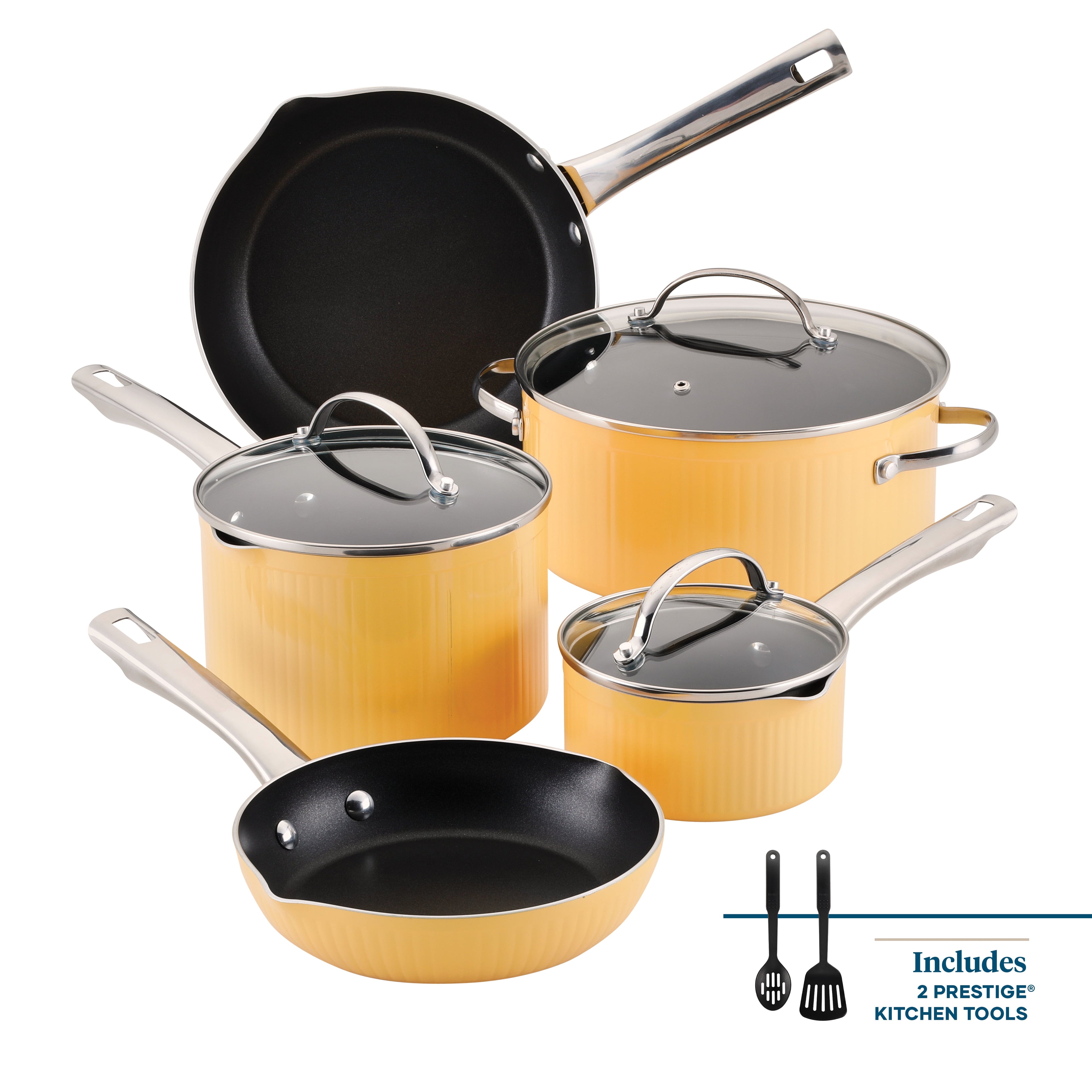 Farberware Style 10 Pcs Nonstick Cookware Set with Cooking Tools - Dishwasher Safe and Oven Safe to 500°F, Yellow