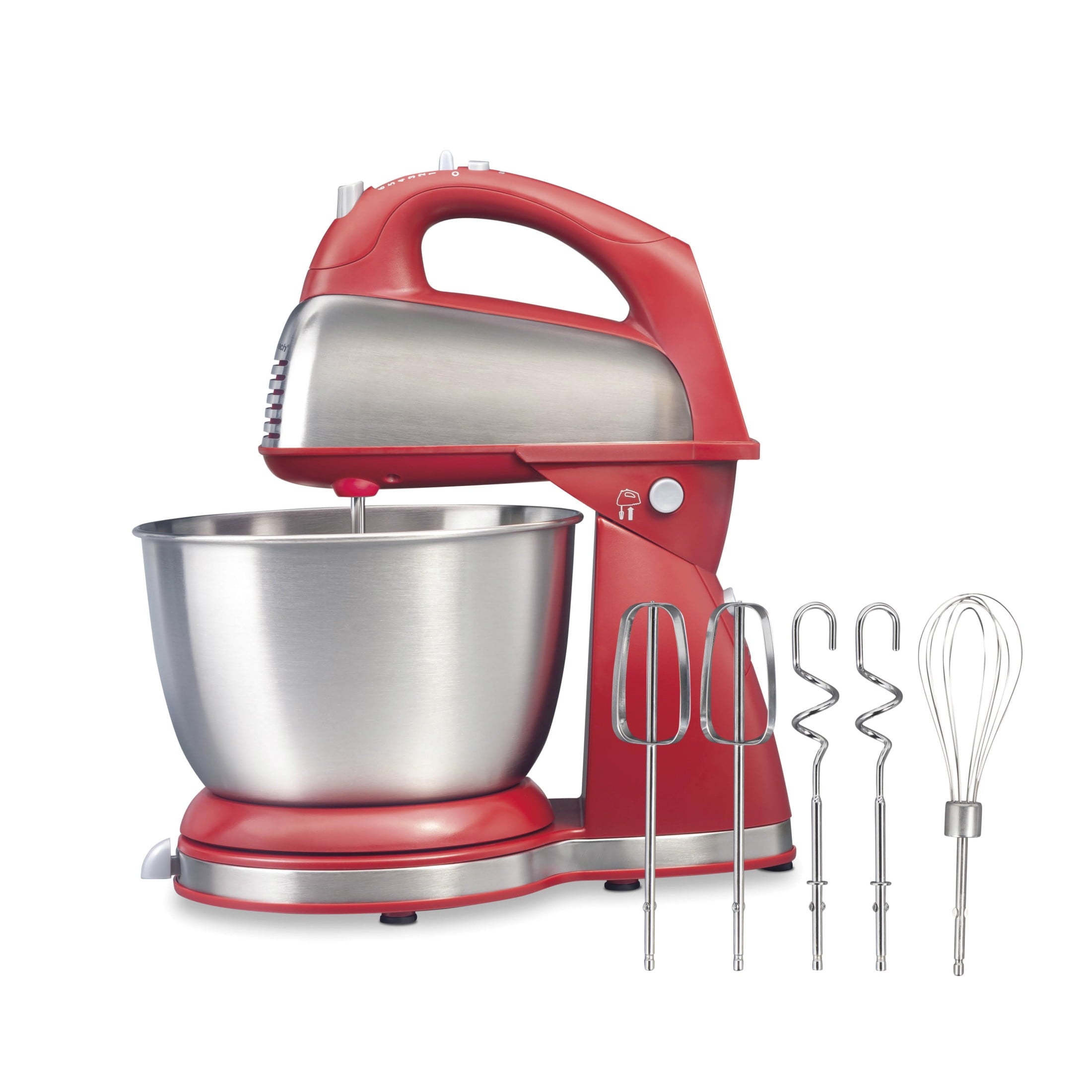 Hamilton Beach Classic Stand and Hand Mixer Combo for Kitchen - 4 Quart, 6 Speeds with Quick Burst, Red