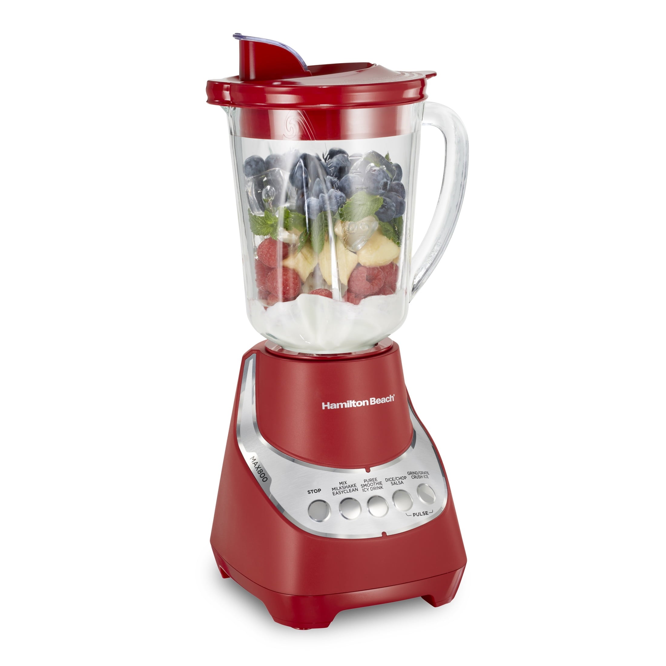 Hamilton Beach Wave Action Smoothie Blender - 48 oz Glass Jar 800 W 12-Function Countertop Blender for Kitchen, Red
