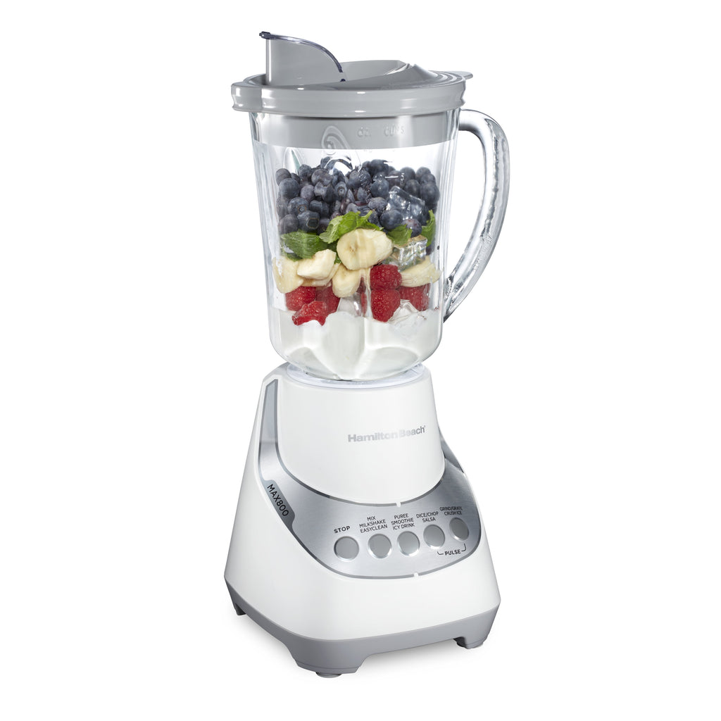 Hamilton Beach Quiet Glass Jar Blender - 48 oz. Jar, Stainless Steel Blade, High Speed, Great for Shakes and Smoothies, Ice Crusher, 12 Functions, White