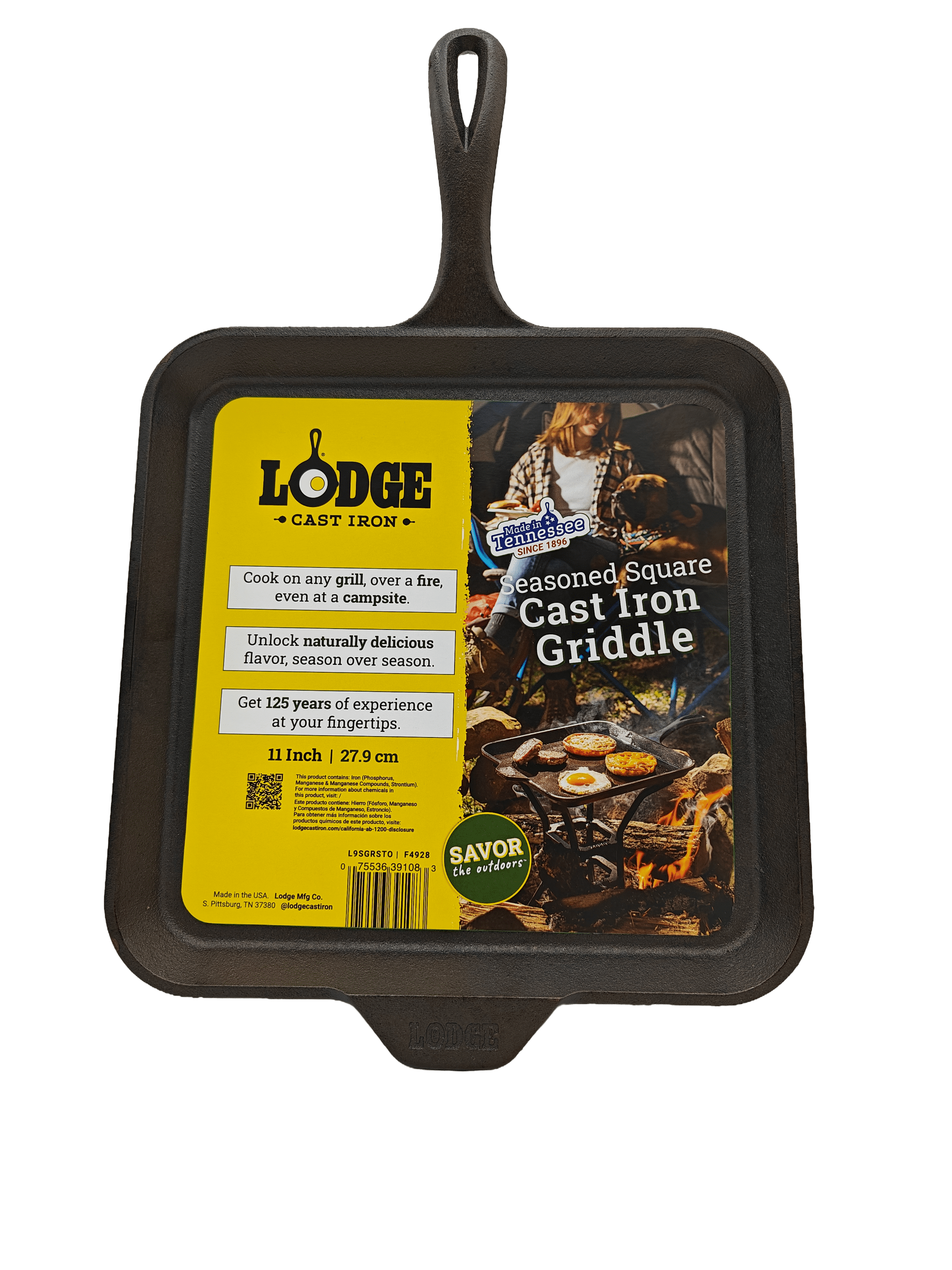 Lodge Cast Iron 11" Savor the Outdoors - Seasoned Square Griddle, Black