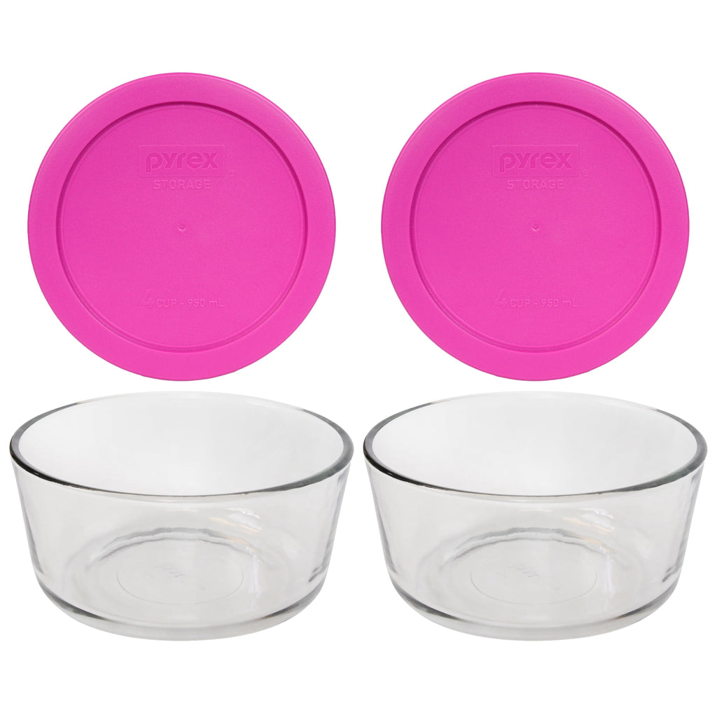 Pyrex 7201 4-Cup Bowls & 7201-PC Berry Pink Lids (2-Pack) - Made in USA