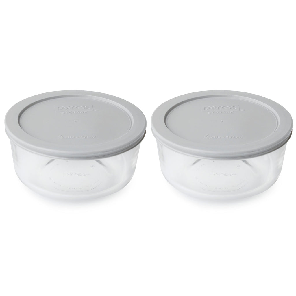 Pyrex (2) 7201 4-Cup Glass Storage Bowls and (2) 7201-PC Jet Gray Plastic Lids