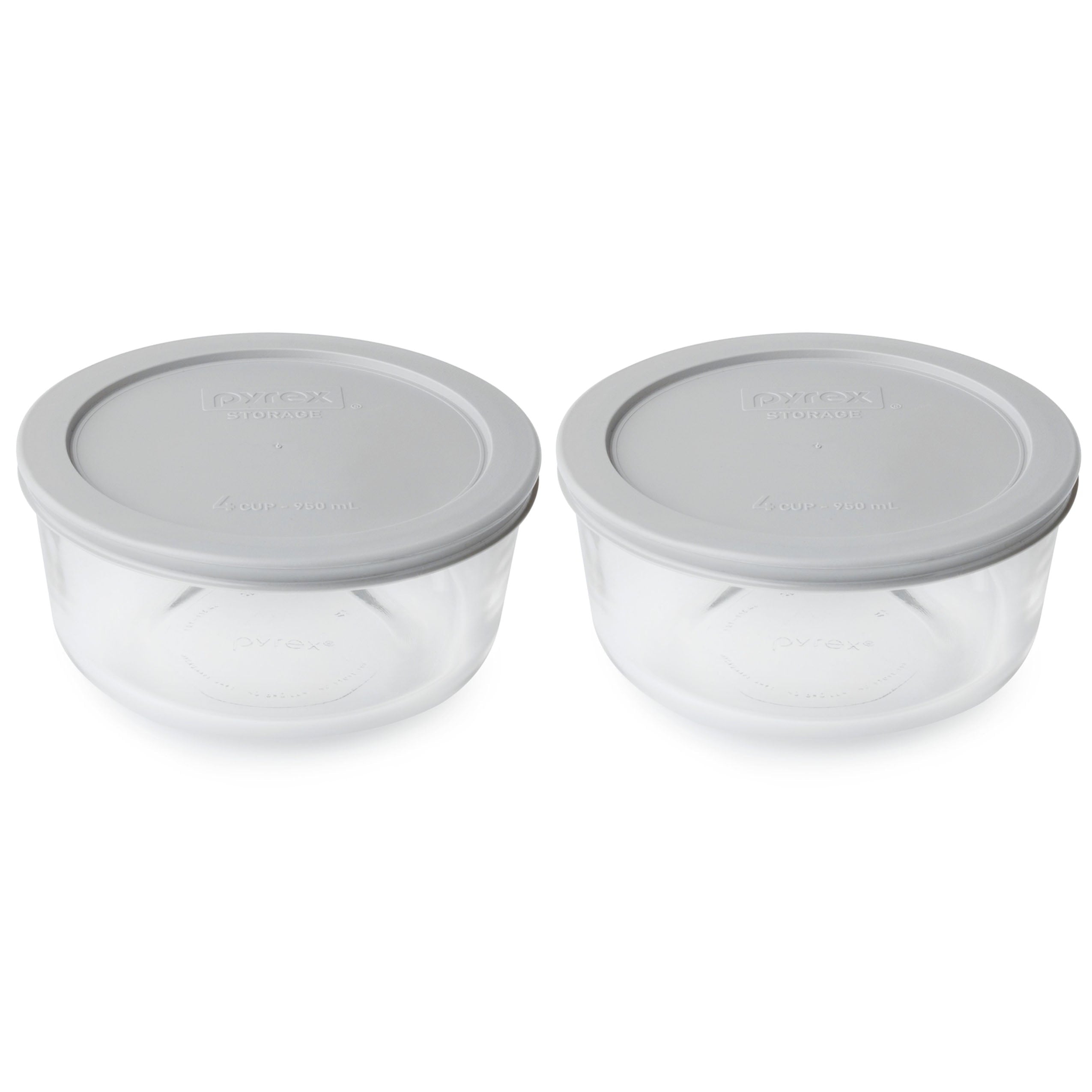 Pyrex (2) 7201 4-Cup Glass Storage Bowls and (2) 7201-PC Jet Gray Plastic Lids