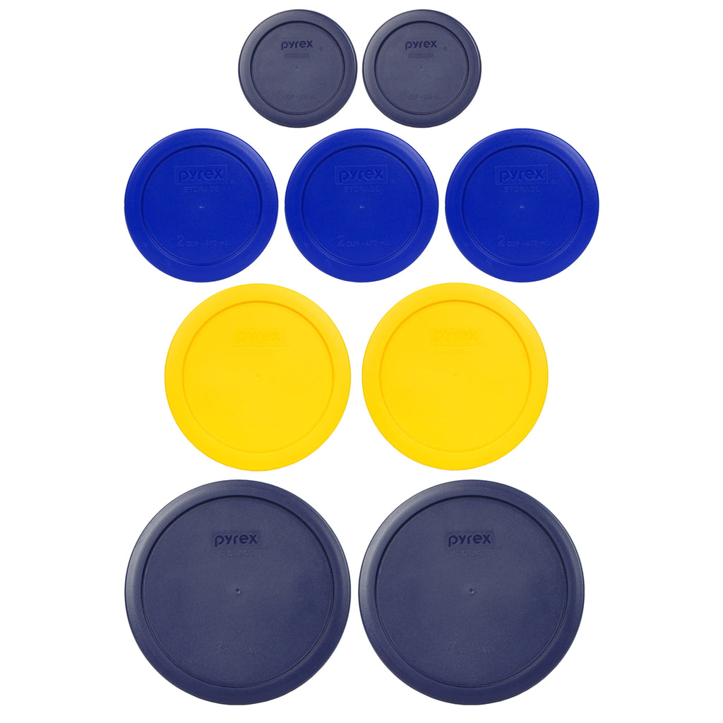 Pyrex (2) 7202-PC Dark Blue - (3) 7200-PC Cadet Blue, (2) 7201-PC Meyer Yellow, and (2) 7402-PC Dark Blue Plastic Lids