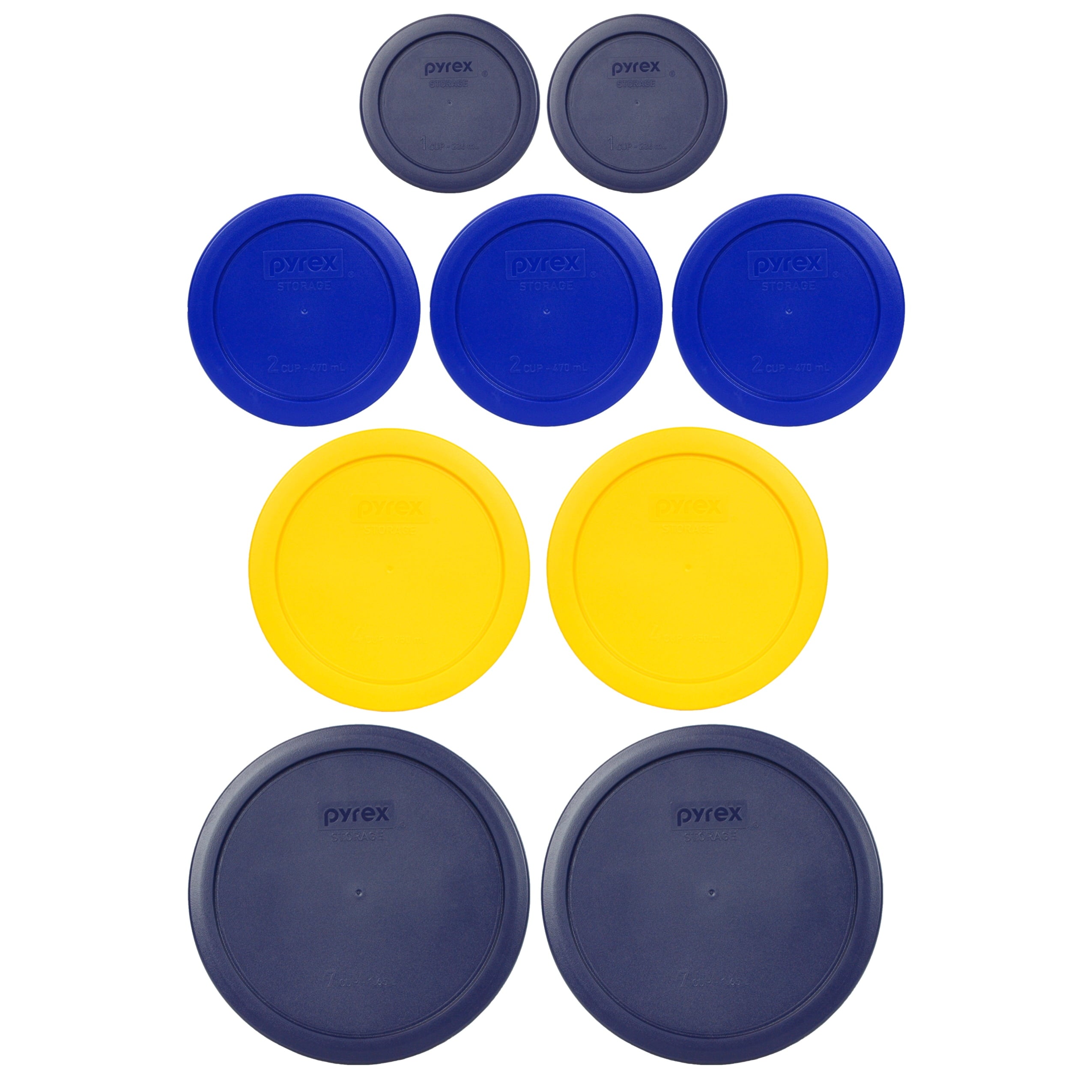 Pyrex (2) 7202-PC Dark Blue - (3) 7200-PC Cadet Blue, (2) 7201-PC Meyer Yellow, and (2) 7402-PC Dark Blue Plastic Lids
