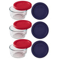 Pyrex (3) 7202 1-Cup Glass Bowls with (3) 7202-PC Dark Blue and (3) 7202-PC Red Plastic Lids