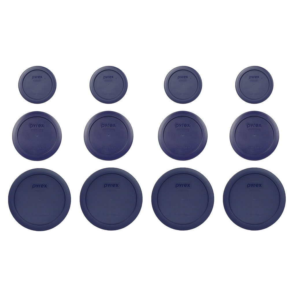Pyrex (4) 7200-PC 2-Cup - (4) 7201-PC 4-Cup, and (4) 7202-PC 1-Cup Round Blue Plastic Lids