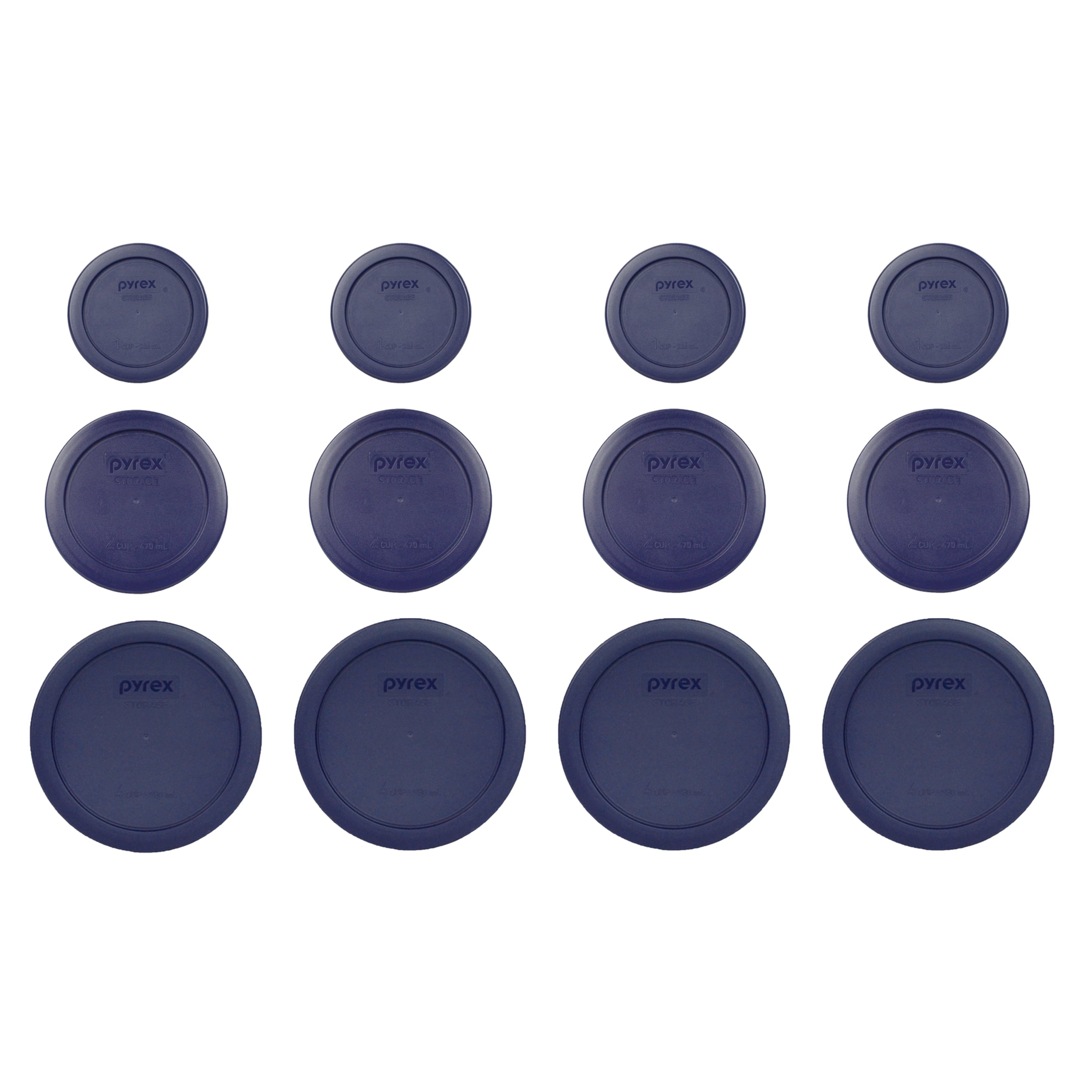 Pyrex (4) 7200-PC 2-Cup - (4) 7201-PC 4-Cup, and (4) 7202-PC 1-Cup Round Blue Plastic Lids