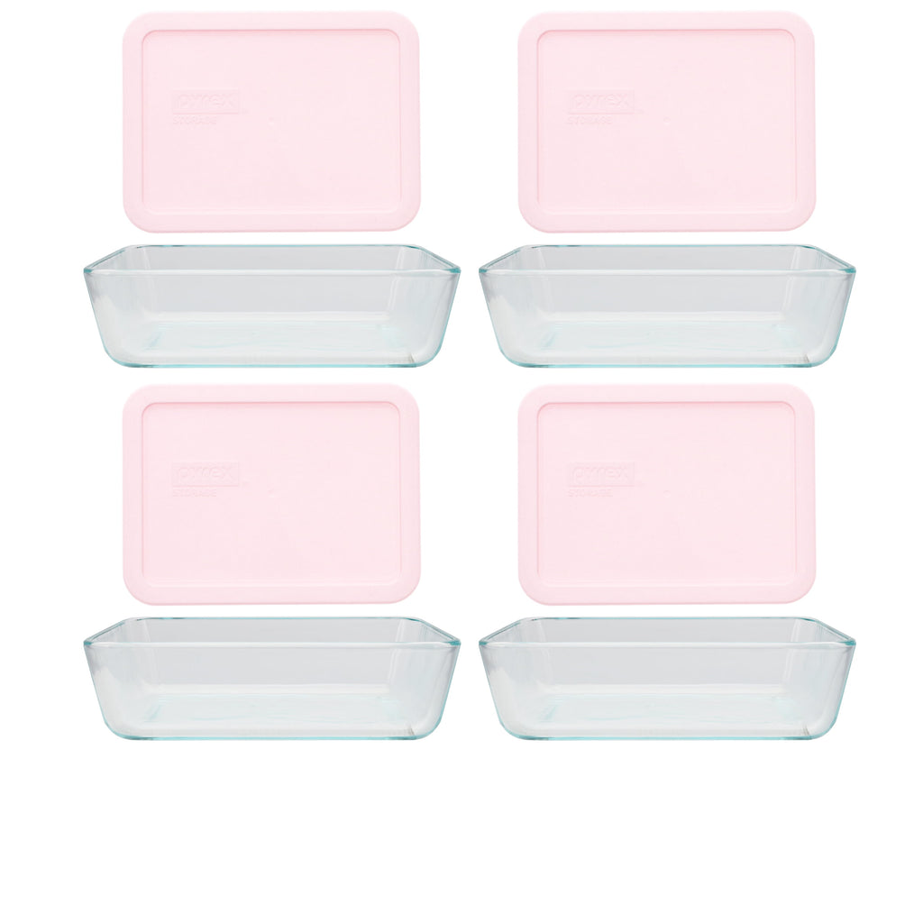 Pyrex (4) 7210 3-Cup Clear Glass Rectangular Dishes with (4) 7210-PC 3-Cup Loring Pink BPA-Free Plastic Lids – Made in the USA