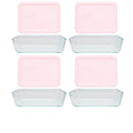 Pyrex (4) 7210 3-Cup Clear Glass Rectangular Dishes with (4) 7210-PC 3-Cup Loring Pink BPA-Free Plastic Lids – Made in the USA