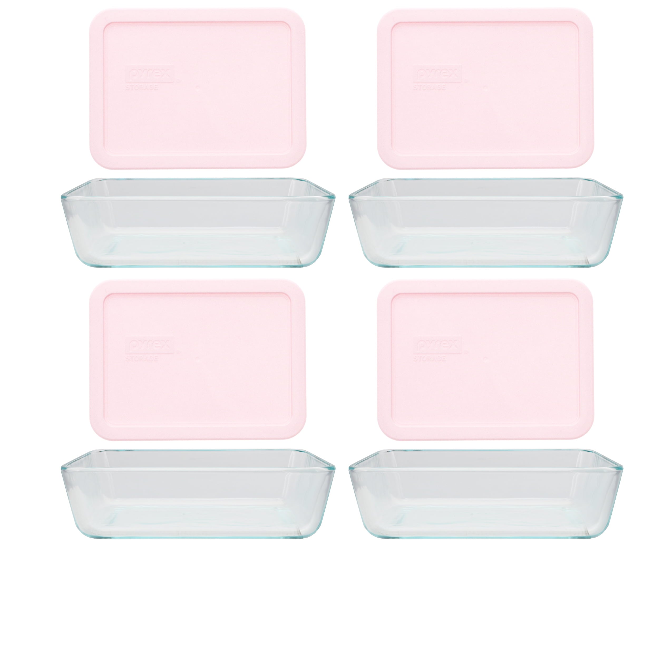 Pyrex (4) 7210 3-Cup Clear Glass Rectangular Dishes with (4) 7210-PC 3-Cup Loring Pink BPA-Free Plastic Lids – Made in the USA