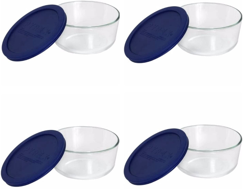 Pyrex 7201 Round Glass Food Storage Bowl w/ 7201-PC Dark Blue Lid Cover (4-Pack)