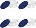 Pyrex 7201 Round Glass Food Storage Bowl w/ 7201-PC Dark Blue Lid Cover (4-Pack)