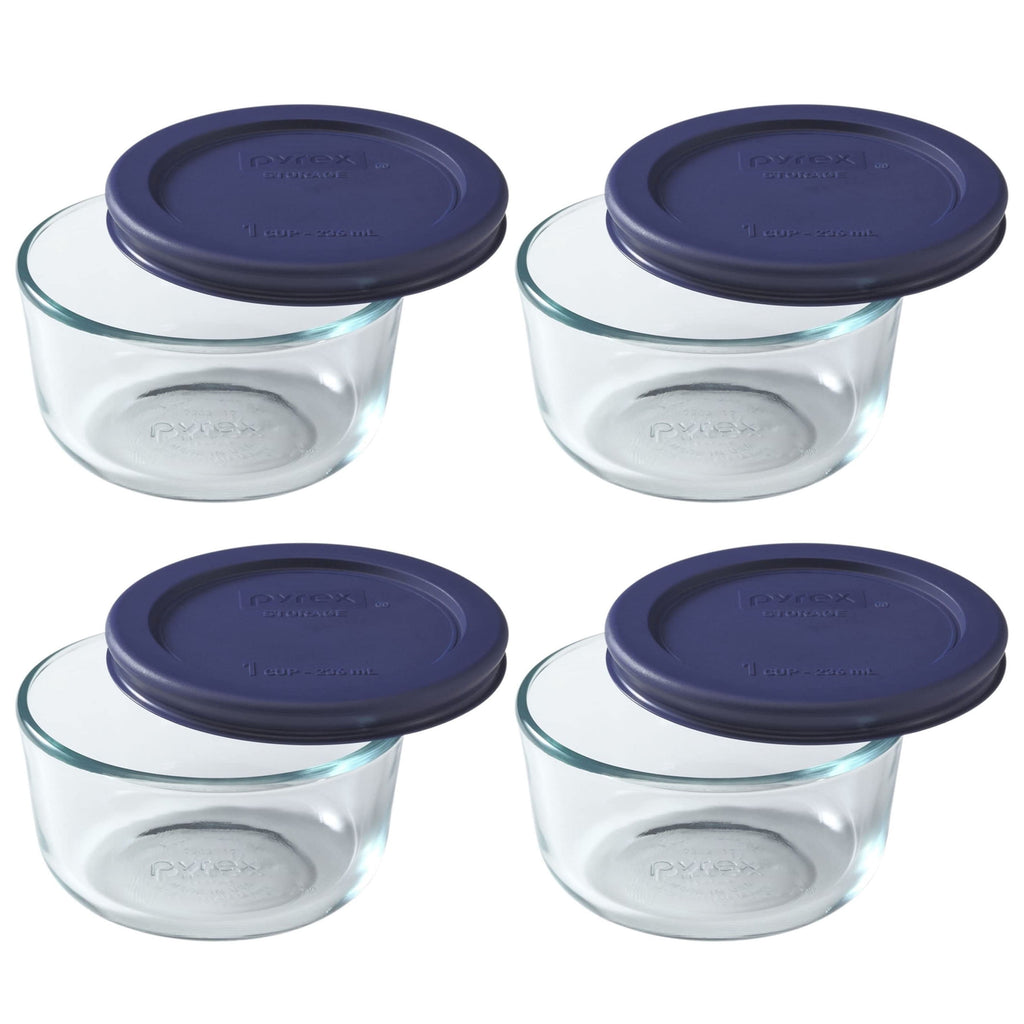 Pyrex 7202 1-Cup Clear Round Glass Food Storage Bowl and 7202-PC Blue Plastic Lid (4-Pack)