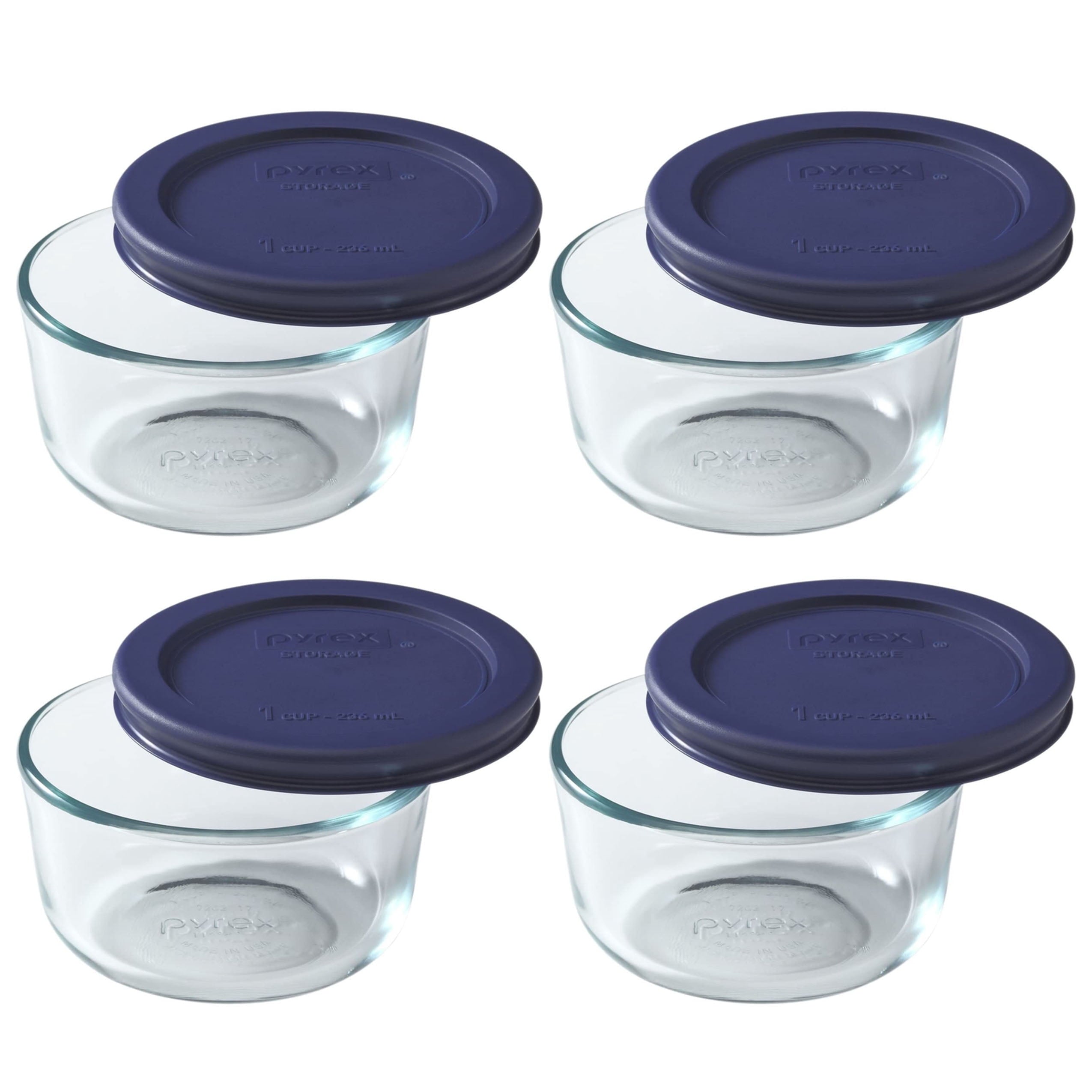 Pyrex 7202 1-Cup Clear Round Glass Food Storage Bowl and 7202-PC Blue Plastic Lid (4-Pack)