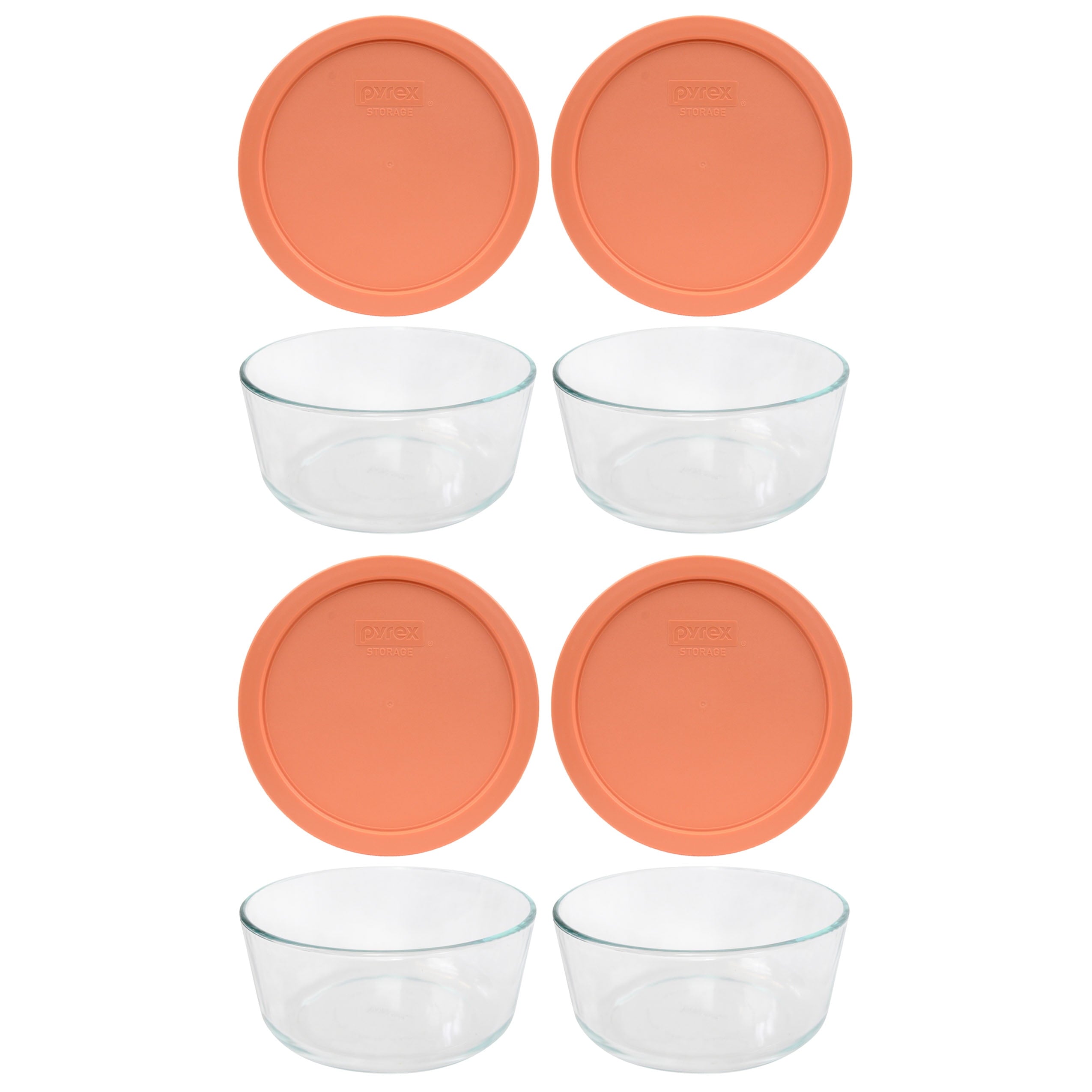 Pyrex 7203 7-Cup Glass Food Storage Bowl and 7402-PC Bahama Sunset Orange Plastic Lid Cover (4-Pack)