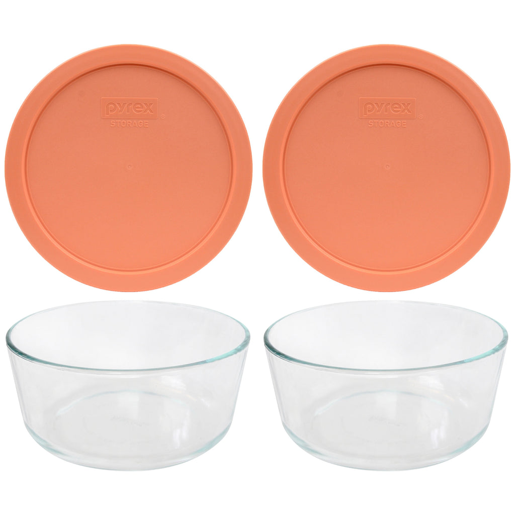 Pyrex 7203 7-Cup Glass Bowls & 7402-PC Orange Lids (2-Pack) - Made in USA