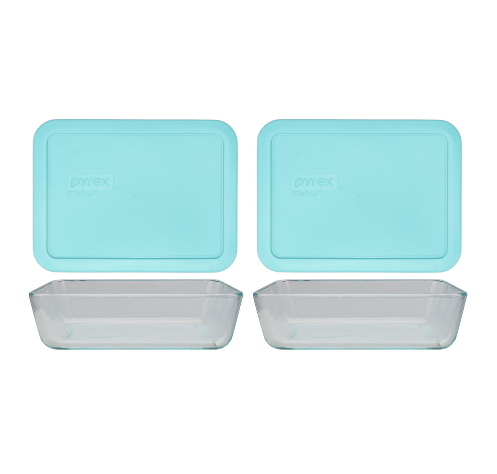 Pyrex (2) 7210 3-Cup Glass Dishes & (2) 7210-PC Sun Bleached Turquoise Lids