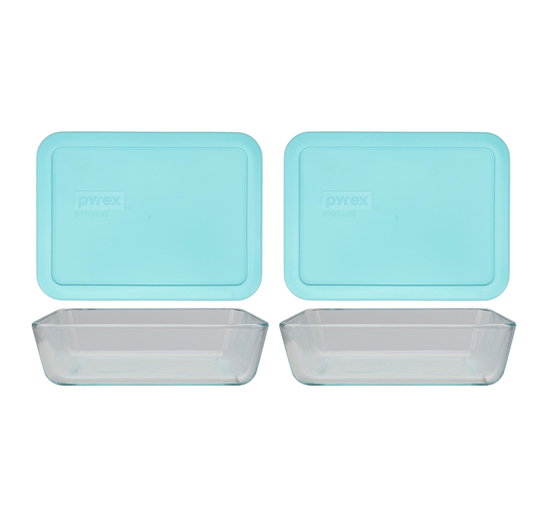 Pyrex (2) 7210 3-Cup Glass Dishes & (2) 7210-PC Sun Bleached Turquoise Lids