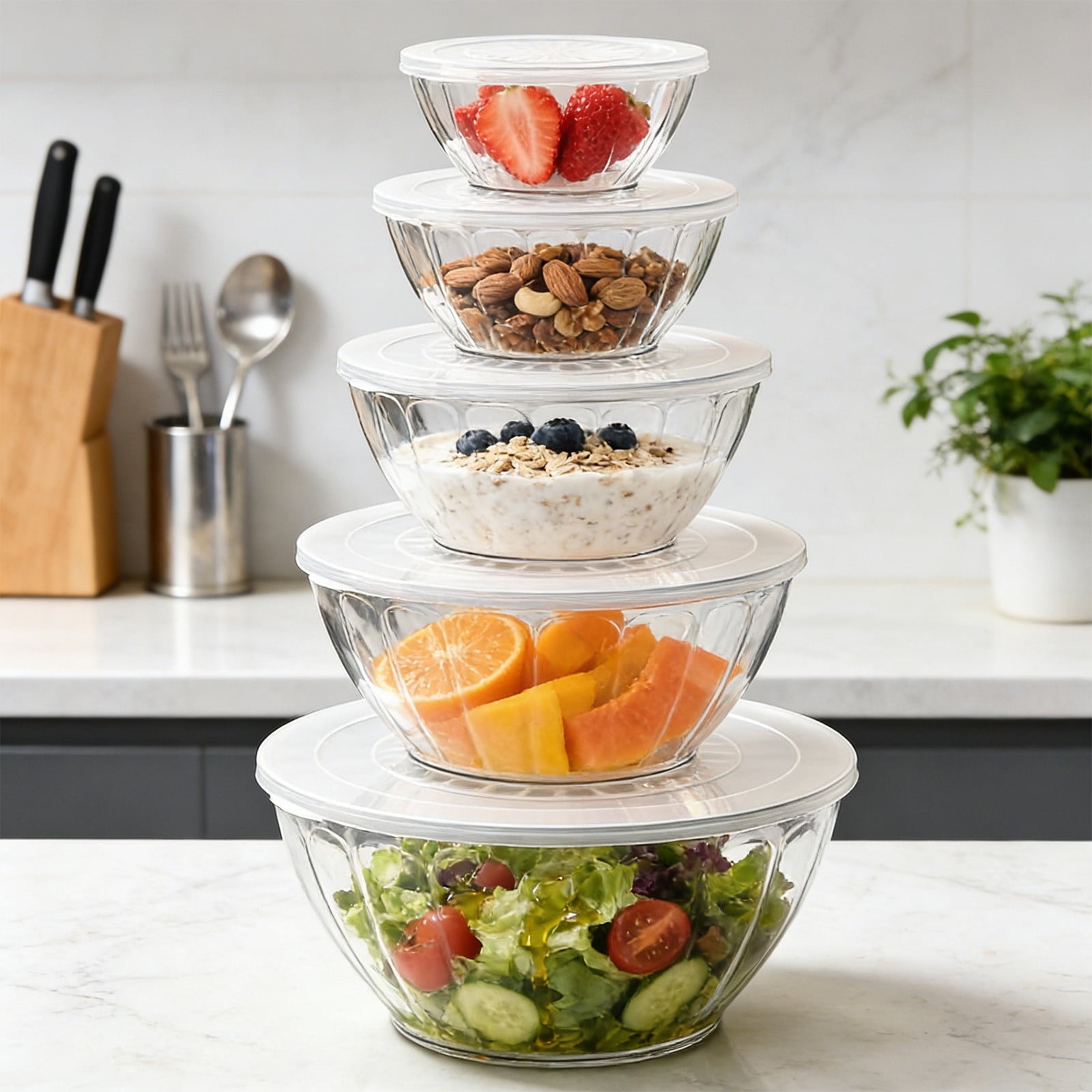 Pyrex Glass Mixing Bowl Set with Lids - Five-Piece Kitchen Bowl Collection for Cooking, Baking and Food Prep, Heat Resistant Stackable for Everyday Use in Home, Restaurant, Professional Kitchen-A