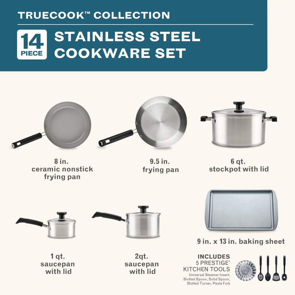 Farberware TrueCook Stainless Steel 14 Pcs Cookware Set - Dishwasher Safe, Metal Utensil and Induction Safe, Stainless Steel