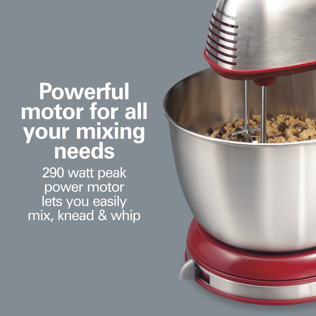 Hamilton Beach Classic Stand and Hand Mixer Combo for Kitchen - 4 Quart, 6 Speeds with Quick Burst, Red