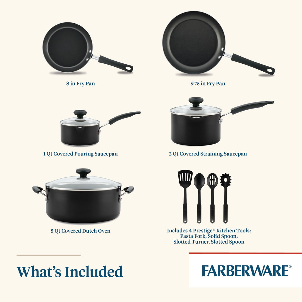 Farberware Easy Clean 12 Pcs Nonstick Cookware Set with Cooking Tools - Dishwasher Safe, Black