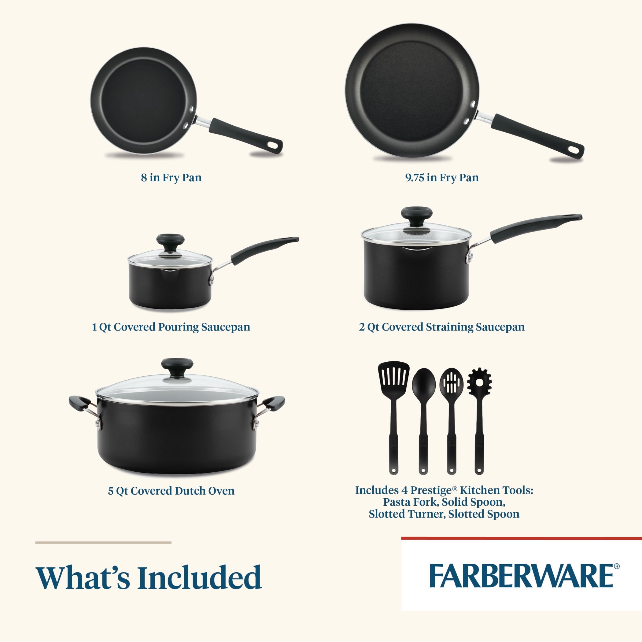 Farberware Easy Clean 12 Pcs Nonstick Cookware Set with Cooking Tools - Dishwasher Safe, Black