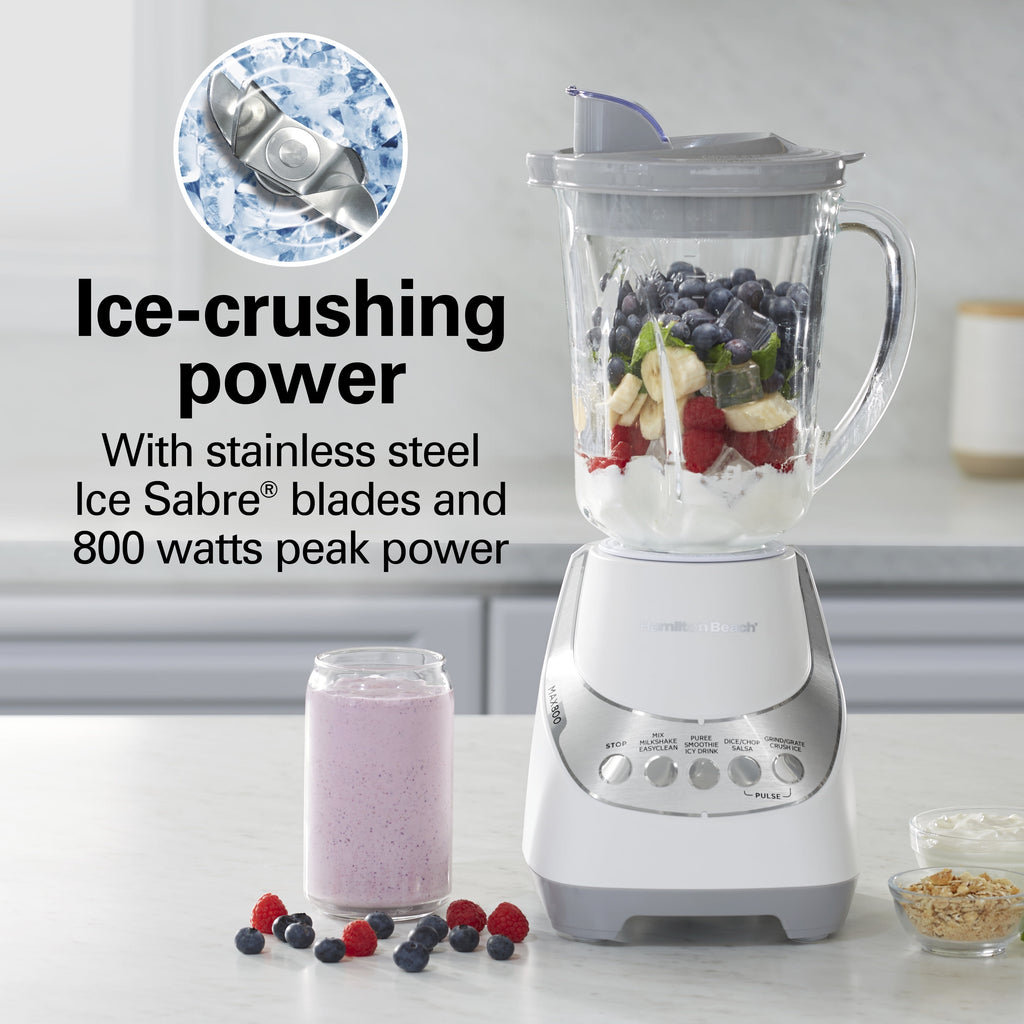Hamilton Beach Quiet Glass Jar Blender - 48 oz. Jar, Stainless Steel Blade, High Speed, Great for Shakes and Smoothies, Ice Crusher, 12 Functions, White