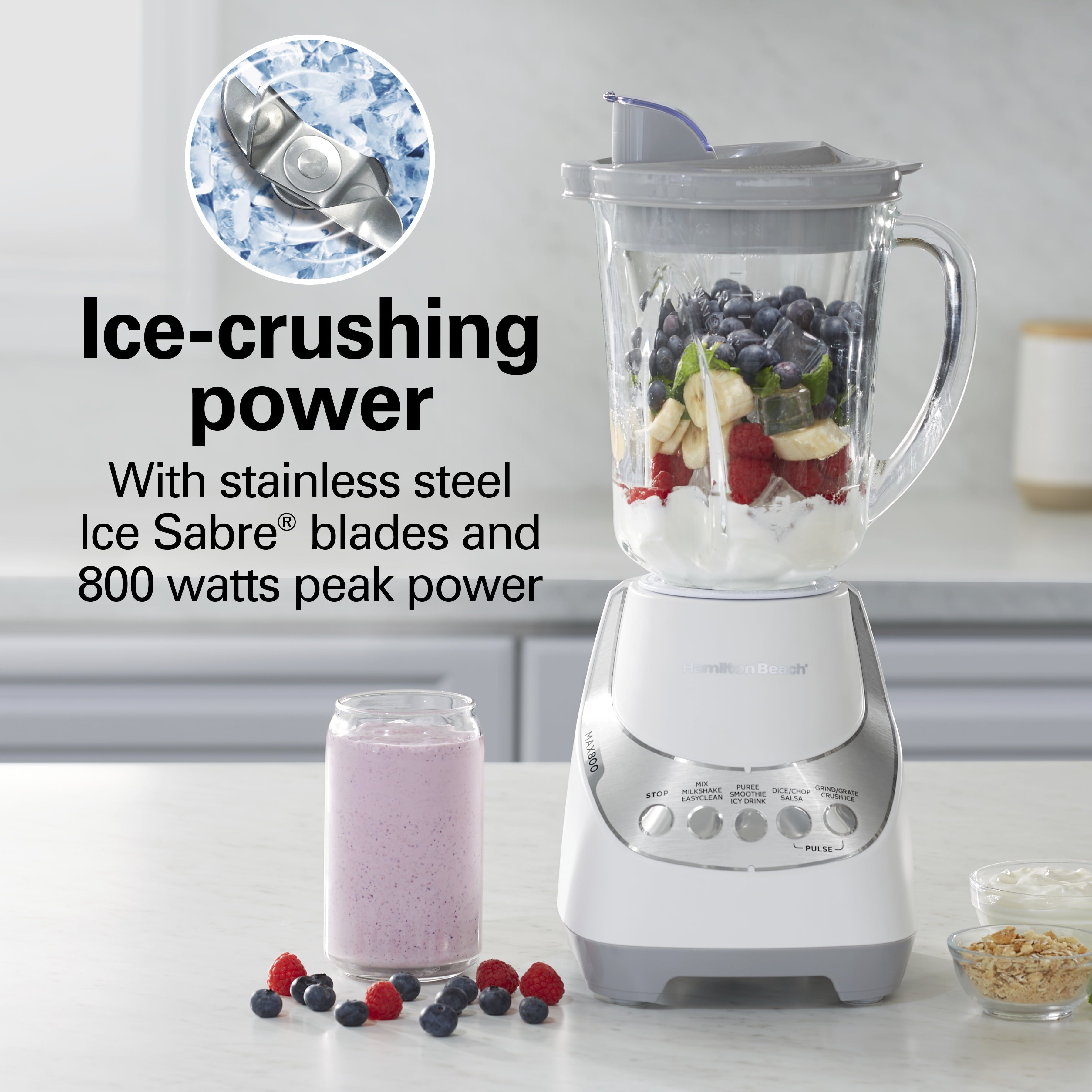 Hamilton Beach Quiet Glass Jar Blender - 48 oz. Jar, Stainless Steel Blade, High Speed, Great for Shakes and Smoothies, Ice Crusher, 12 Functions, White