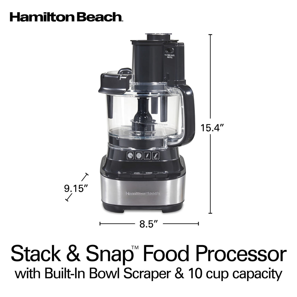 Hamilton Beach Stack & Snap 10-Cup Food Processor - 500 W, 2-Speed with Pulse, Extra-Large Chute and Bowl Scraper, Black