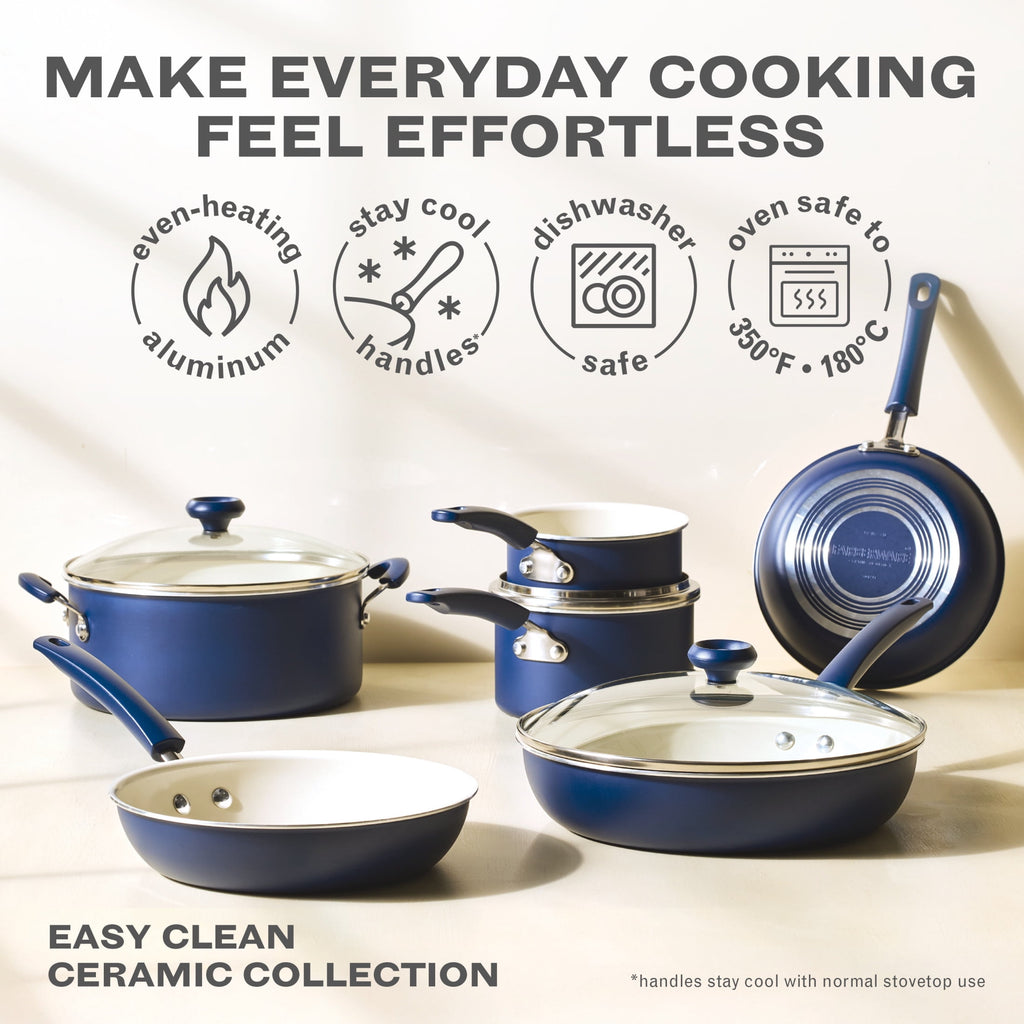 Farberware Easy Clean 14 Pcs Ceramic Nonstick Cookware Set with Cooking Tools - Dishwasher Safe, Blue