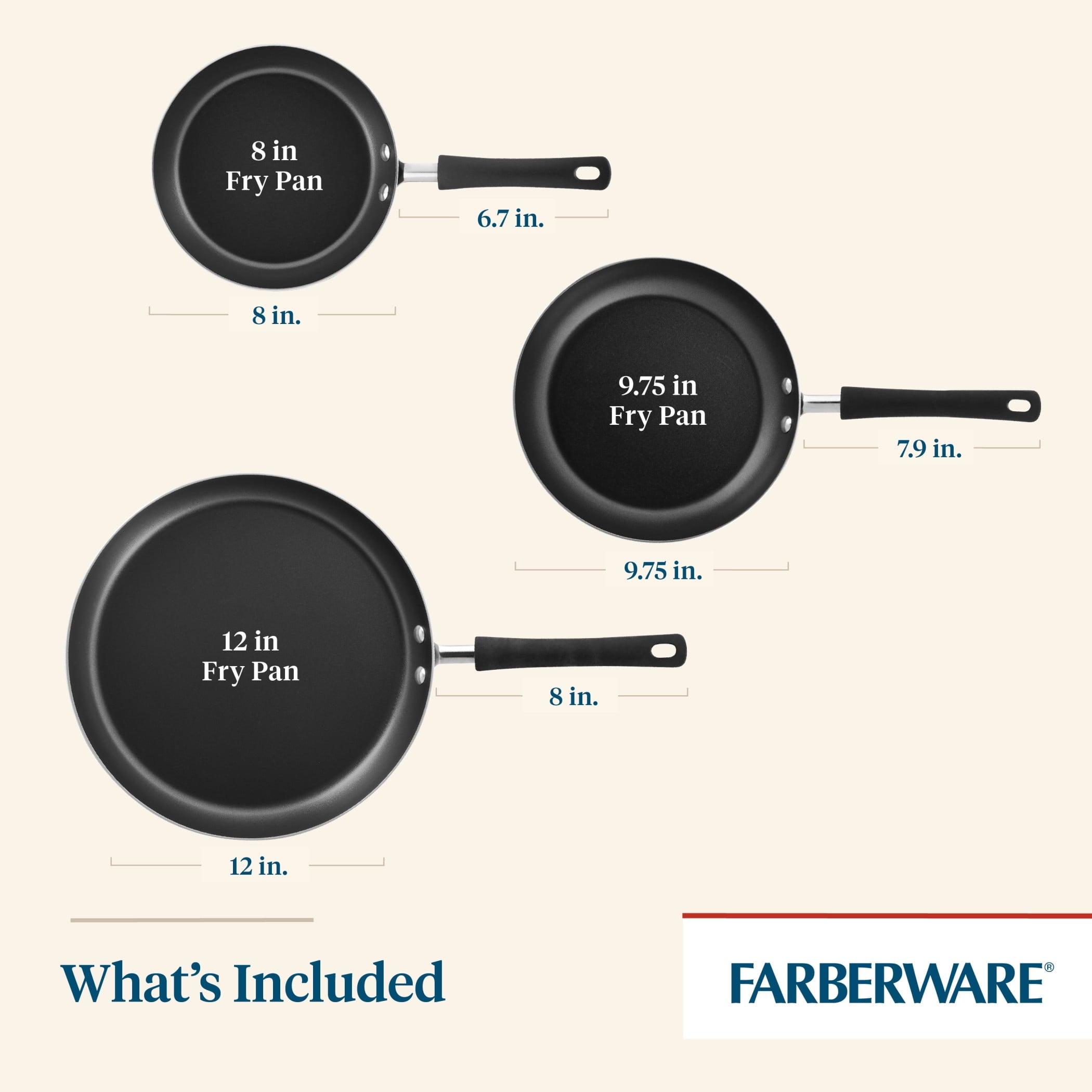 Farberware Easy Clean 3 Pcs Nonstick Frying Pans / Skillets - Dishwasher Safe, 8 Inch, 9.75 Inch, 12 Inch, Black