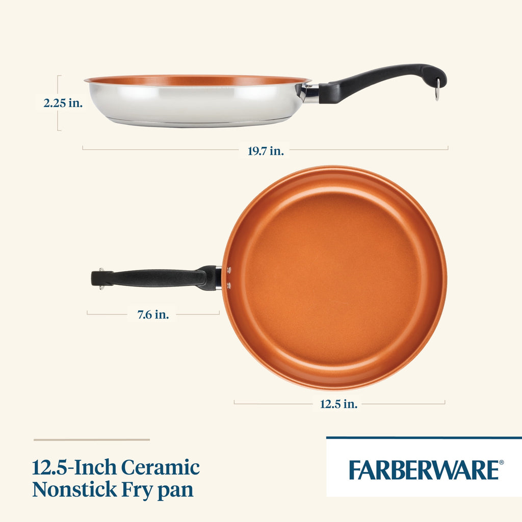 Farberware Classic Traditions 12.5 Inch Ceramic Nonstick Frying Pan - Induction Compatible, Metal Utensil Safe, Dishwasher Safe, Stainless Steel