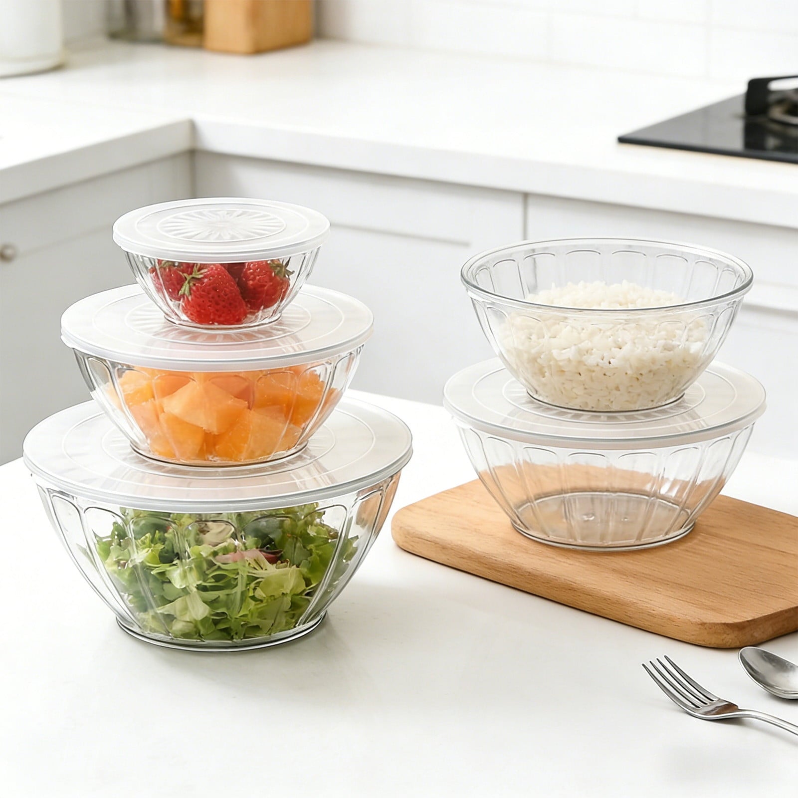 Pyrex Glass Mixing Bowl Set with Lids - Five-Piece Kitchen Bowl Collection for Cooking, Baking and Food Prep, Heat Resistant Stackable for Everyday Use in Home, Restaurant, Professional Kitchen-A