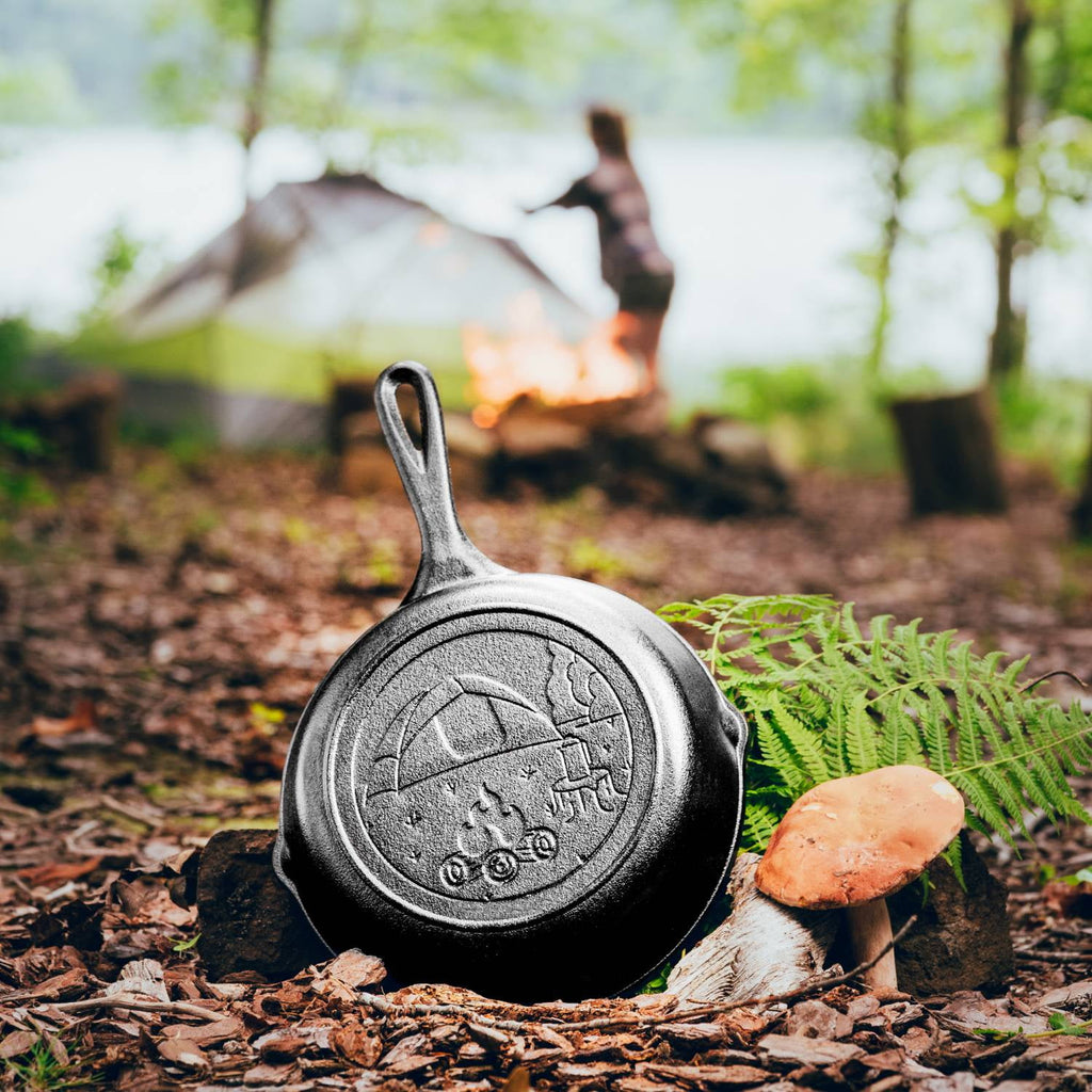 Lodge Cast Iron Cooking Skillet Seasoned Tent Scene Imprint 8 in