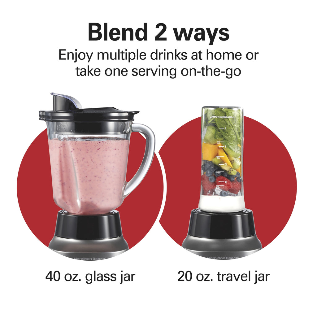 Hamilton Beach Wave Crusher Smoothie Blender for Kitchen - 40 oz Jar for Smoothies and Shakes with 20 oz Travel Jar, Gray