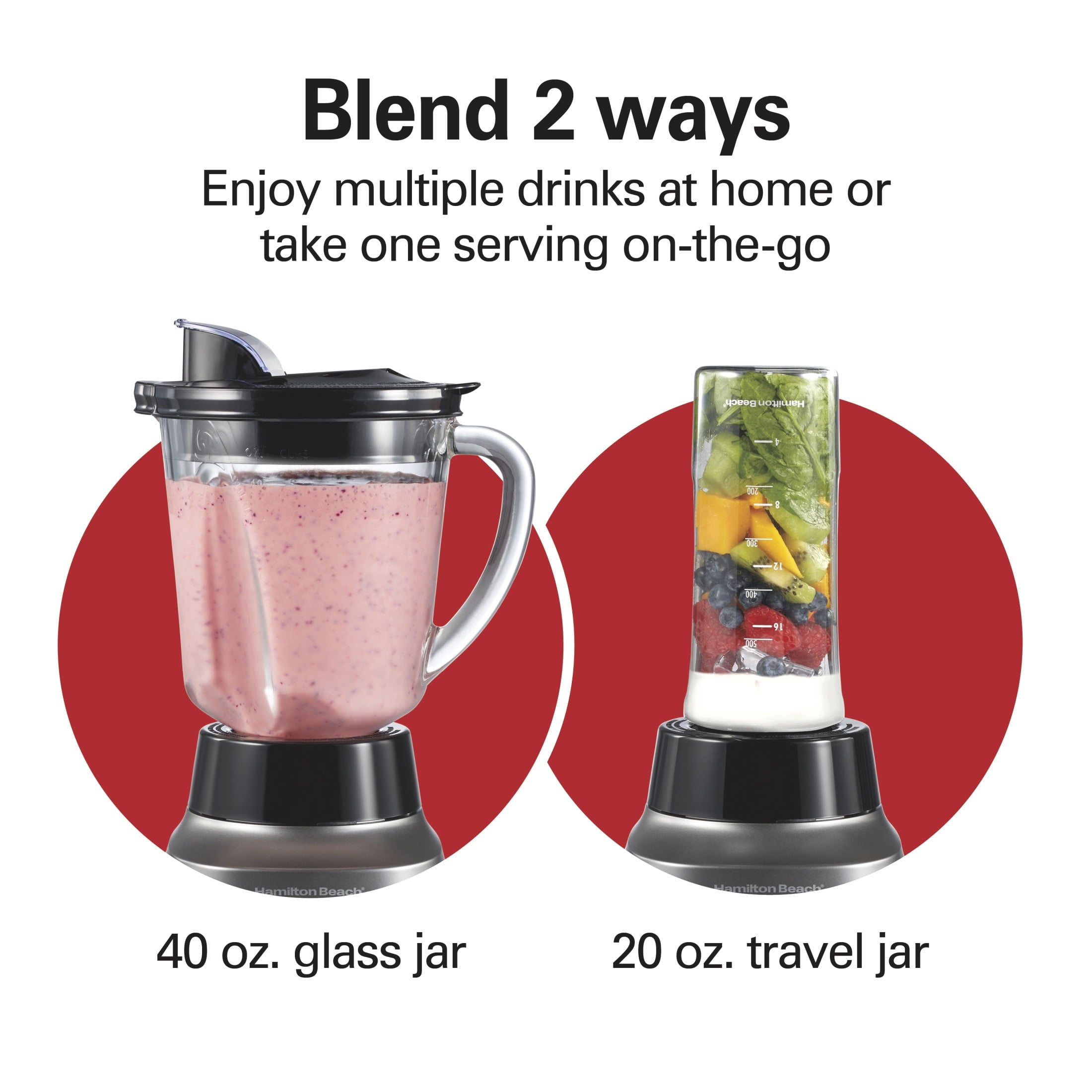 Hamilton Beach Wave Crusher Smoothie Blender for Kitchen - 40 oz Jar for Smoothies and Shakes with 20 oz Travel Jar, Gray
