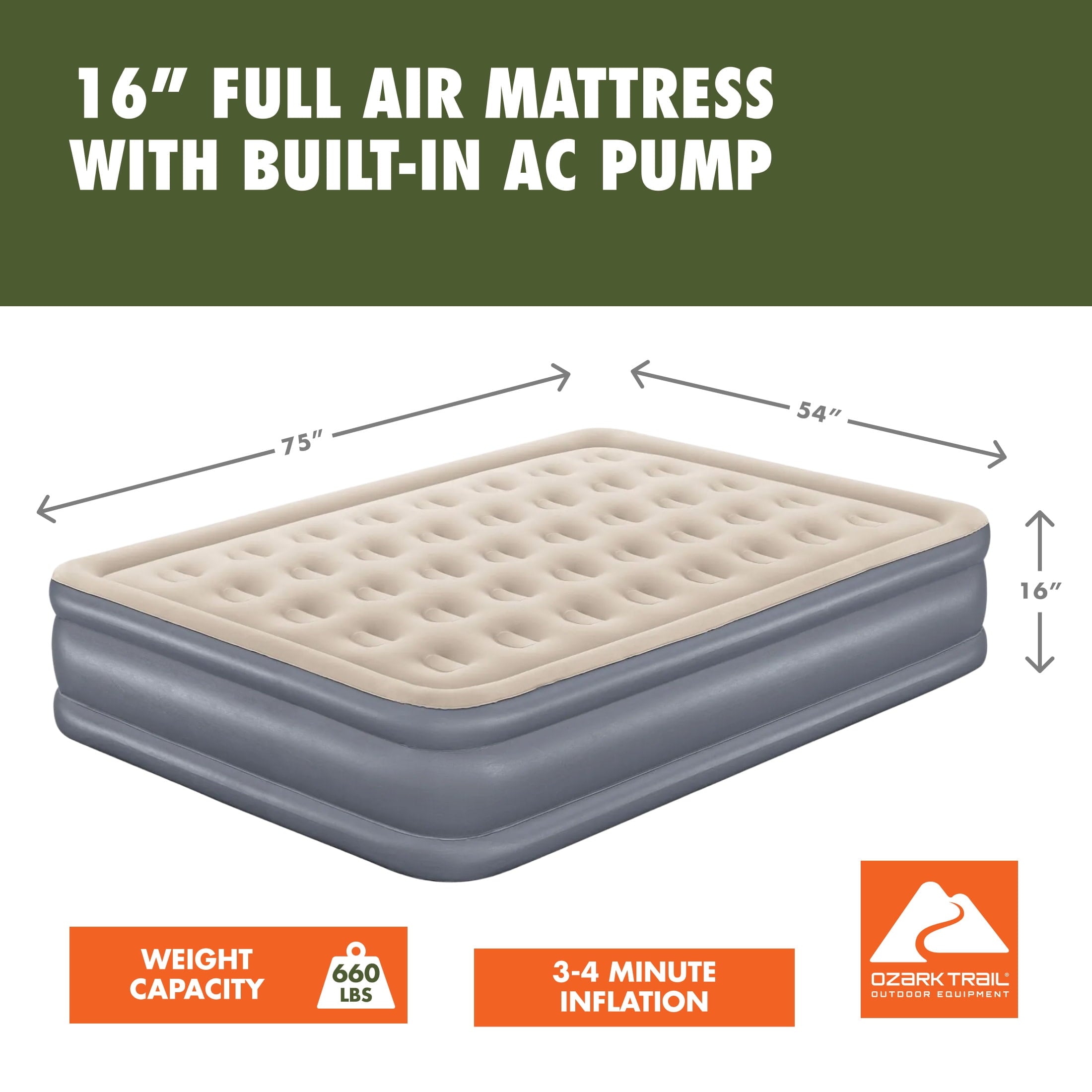 Ozark Trail 16" Full Air Mattress with Built-In Electric Pump