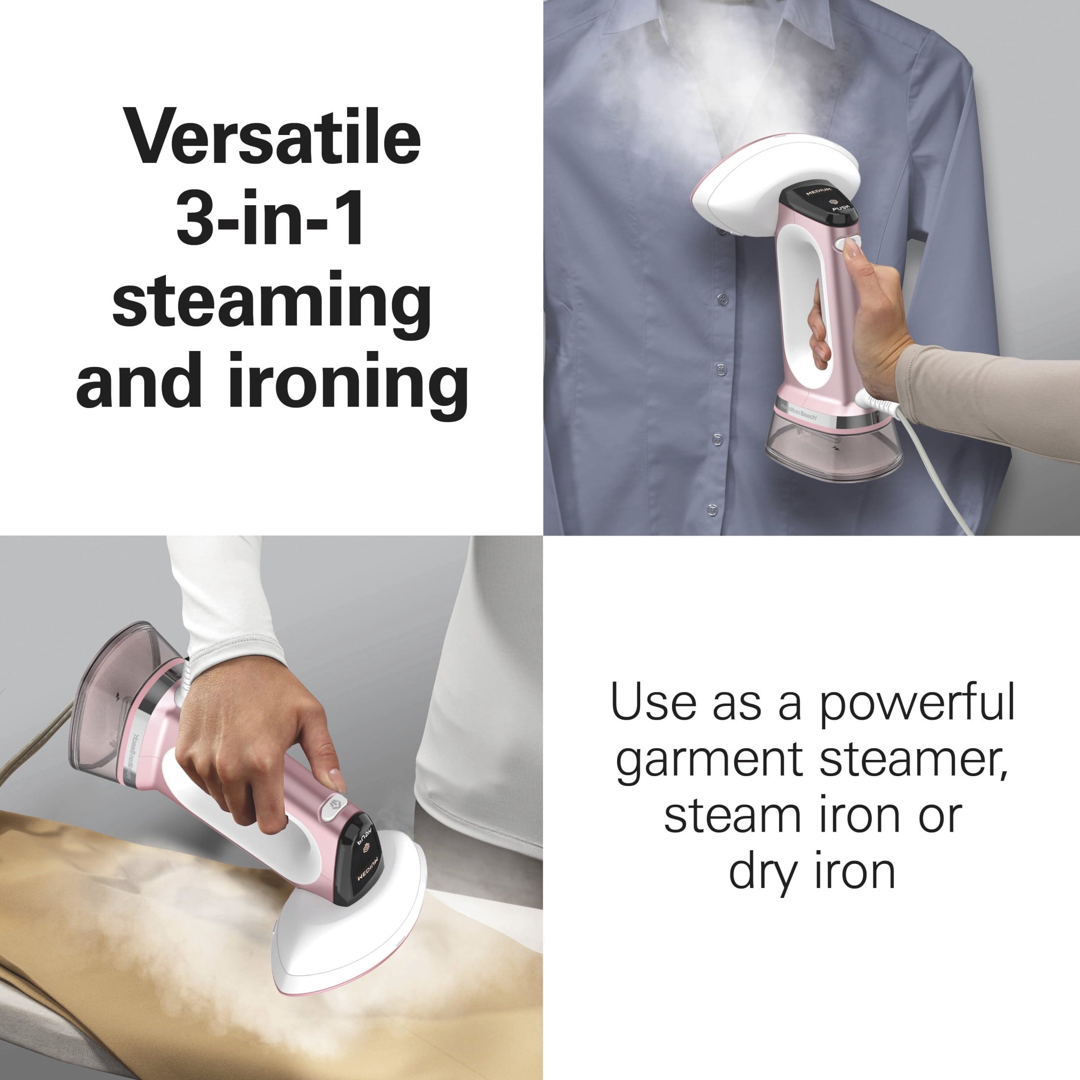 Hamilton Beach 3-in-1 Handheld Clothes Steamer and Iron - 1700 W 300 ml Clothing Steamer, 45-Second Heat Up, 27 Minutes of Steam, Rose